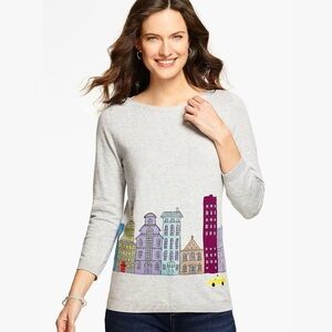 Talbots City Scene Embroidered Sweater Women’s XS Grey Taxi Boat Neck 3/4 Sleeve